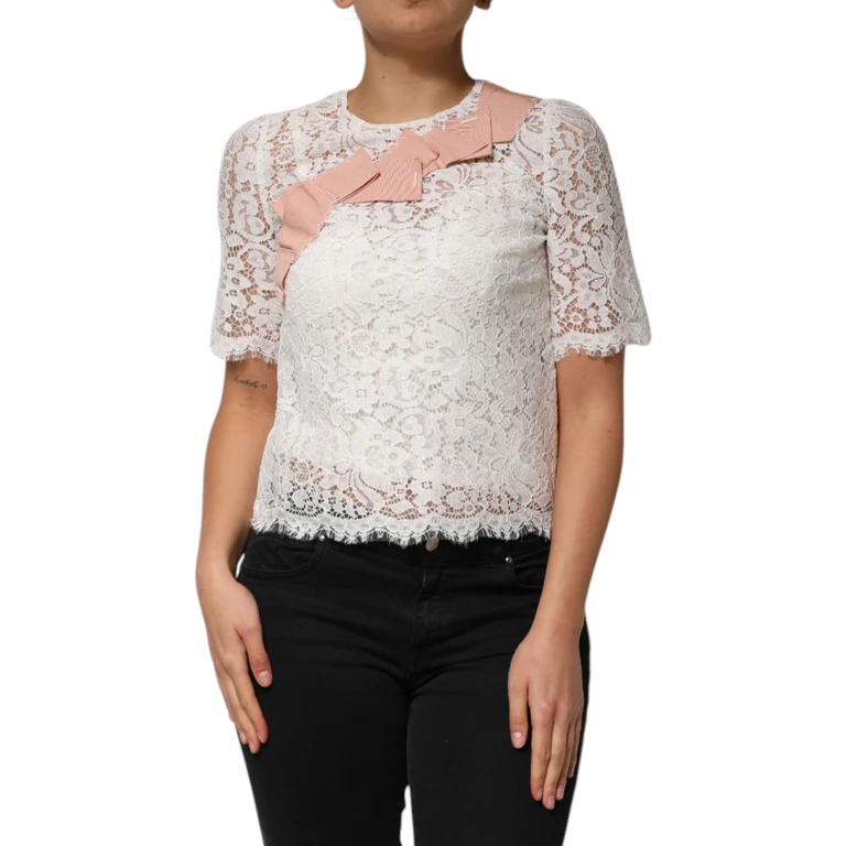 Dolce & Gabbana White Floral Lace Short Sleeves Blouse Top Nylon Cotton Viscose Acetate - Women