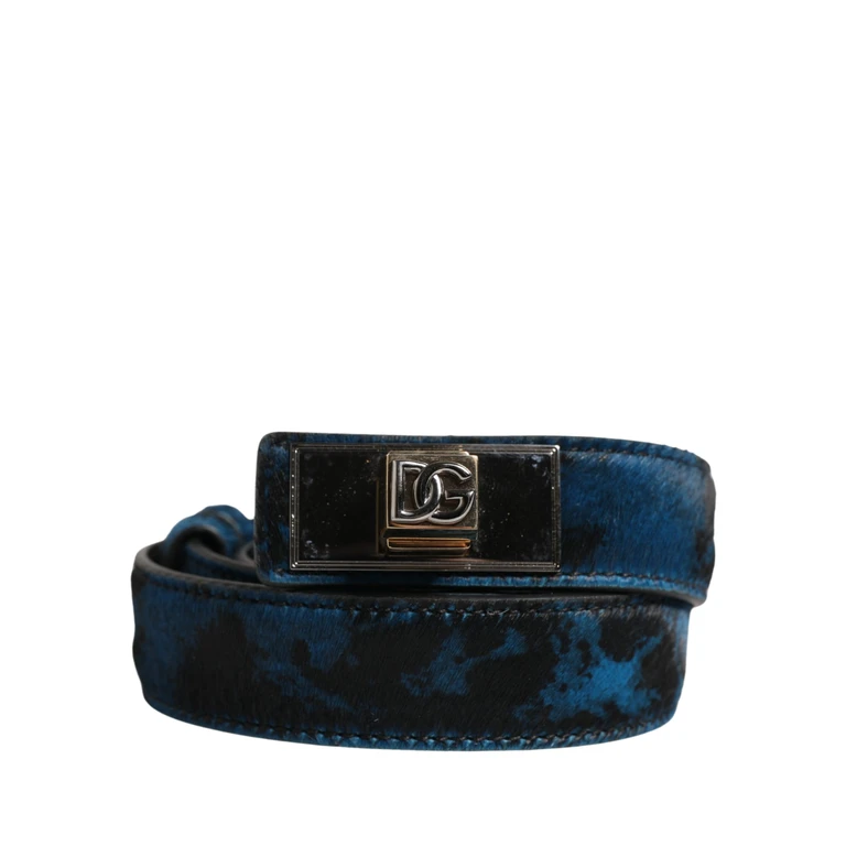 Dolce & Gabbana Men Blue Calf Leather Logo Metal Buckle Belt - Men
