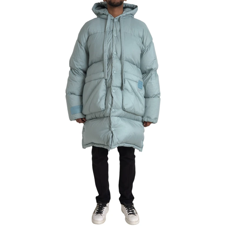Light Blue Quilted Hooded Puffer Jacket Men Nylon Clothing - Men