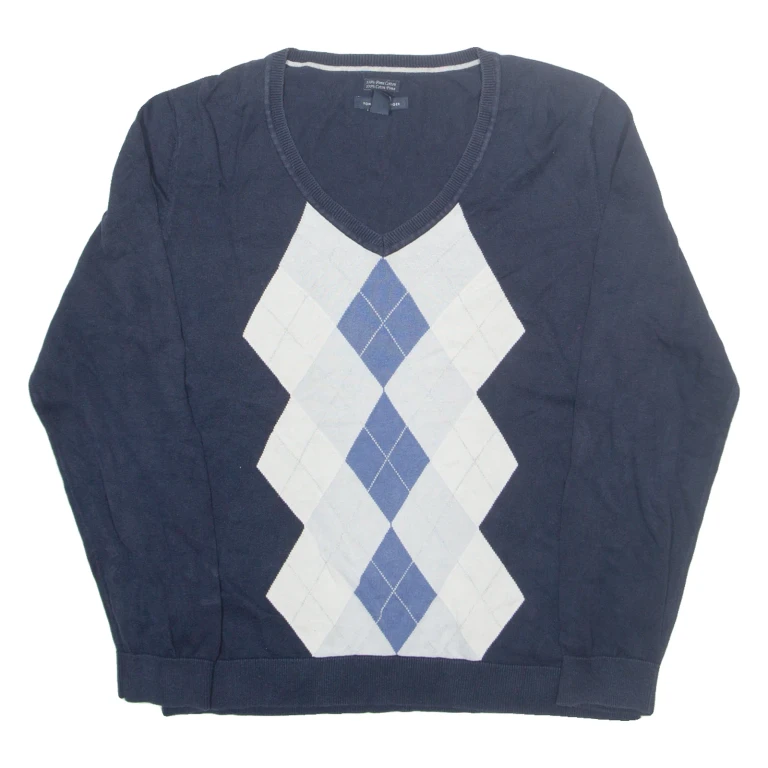 TOMMY HILFIGER Mens Jumper Blue Argyle V-Neck Tight Knit XL