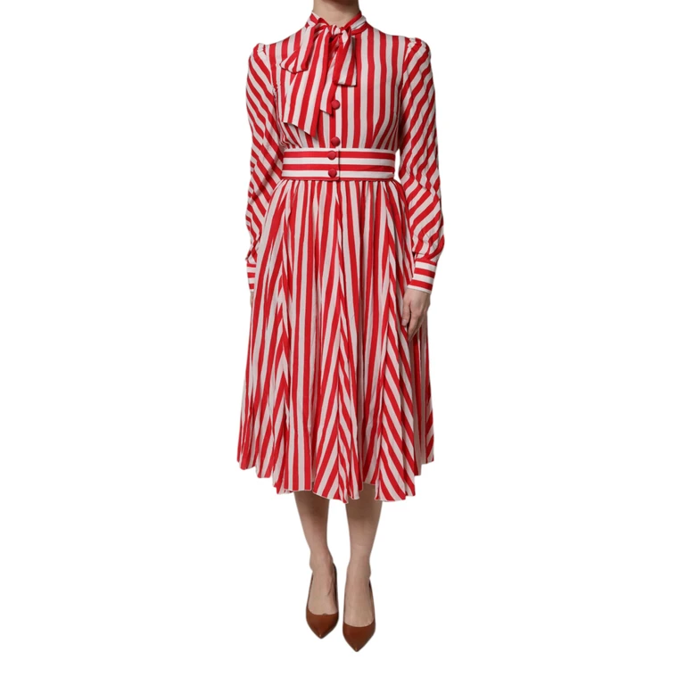 Dolce & Gabbana White Red Stripes Long Sleeves Midi Dress And Silk - Women