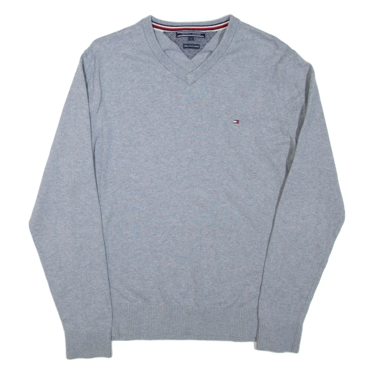 TOMMY HILFIGER Mens Jumper Grey V-Neck Tight Knit L