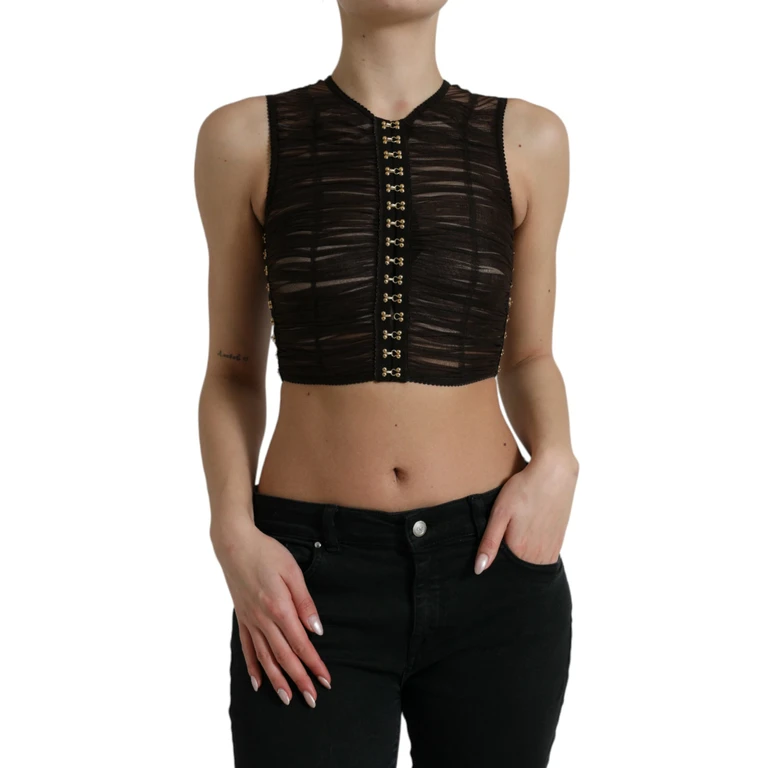 Dolce & Gabbana Brown Embellished Nylon Stretch Cropped Top - Women