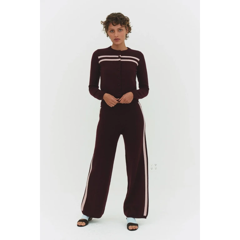 Cashmere Wool Stripe Wide-leg Pant in Raspberry