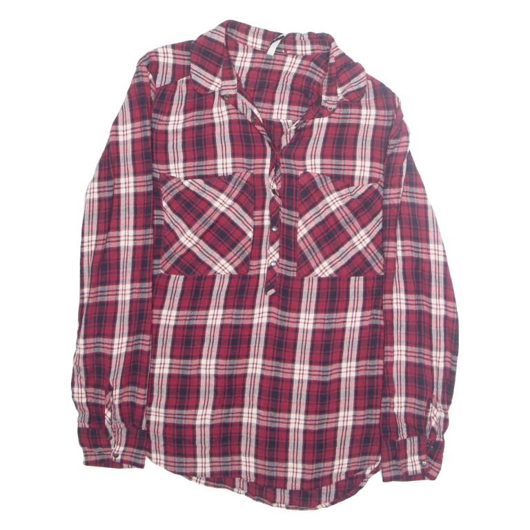 STRADIVARIUS Womens Printed Blouse Red Collared Long Sleeve Plaid M