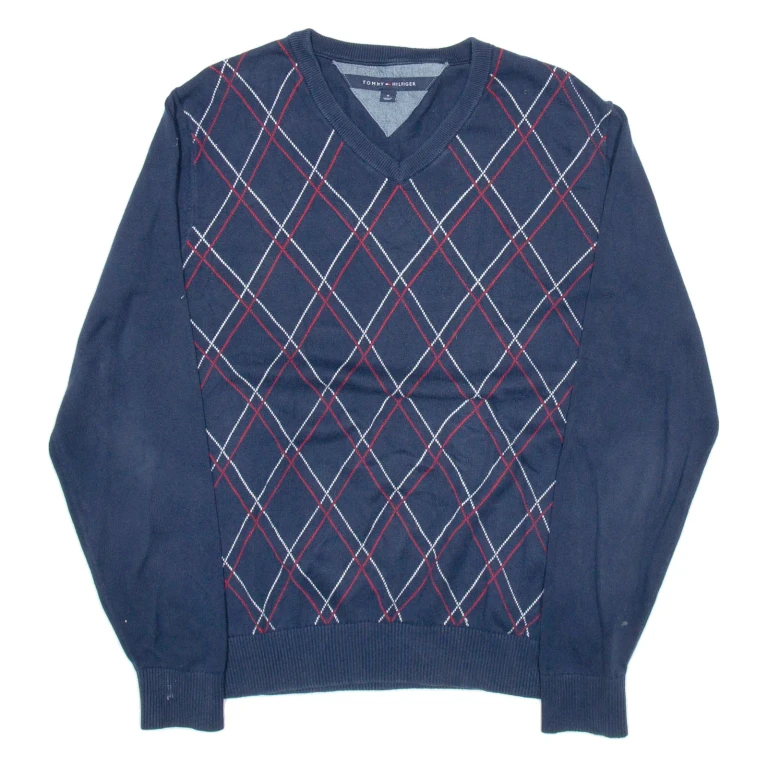 TOMMY HILFIGER Mens Patterned Jumper Blue Argyle V-Neck Tight Knit M