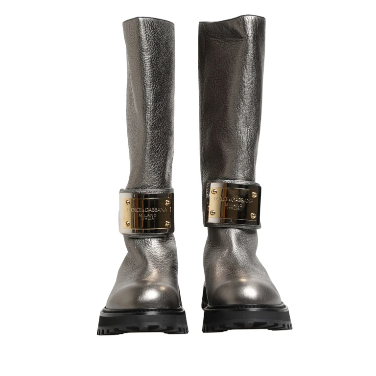 Dolce & Gabbana Metallic Silver Leather Mid Calf Boots Shoes Cervo Laminato - Men