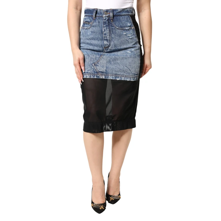 Blue Black Cotton Denim Sheer Midi Skirt Co+pa - Women