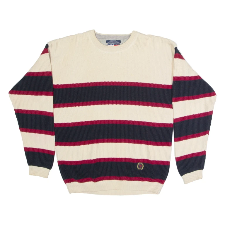 TOMMY HILFIGER Mens Patterned Jumper Cream Striped Tight Knit M