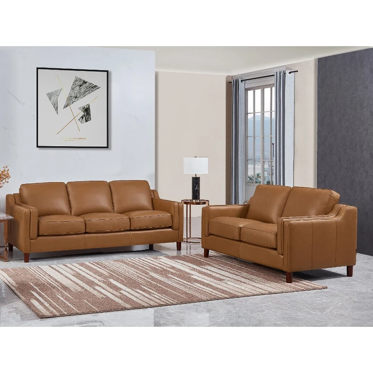 Ballari Cognac Brown Leather 2 Piece Living Room Set - Sofa & Loveseat