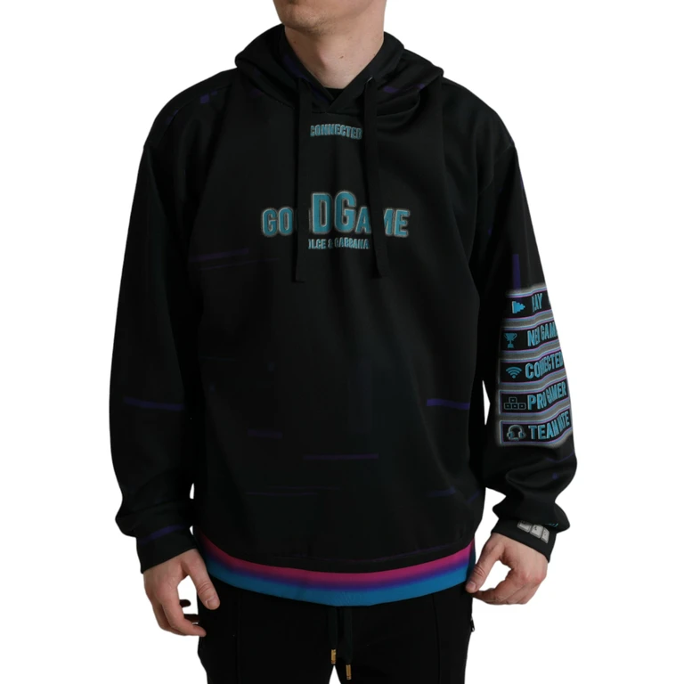 Dolce & Gabbana Black Logo Print Hooded Sweatshirt Sweater Polyester Elastane Clothing - Men