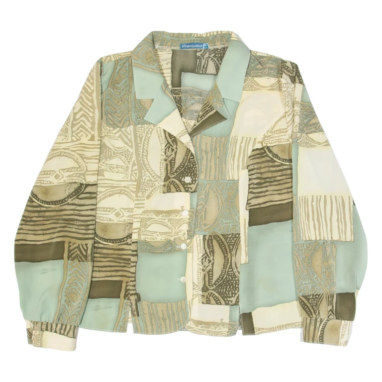 Womens Printed Blouse Green V-Neck Long Sleeve Crazy Pattern XL