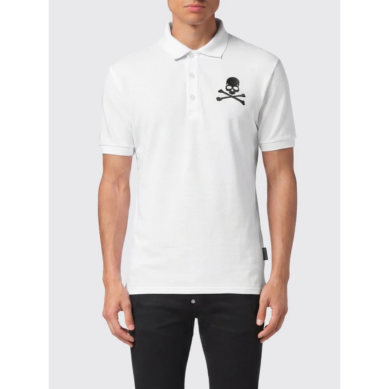 Skull Print Short-Sleeved Cotton Polo Shirt with French Collar (UADCMTK7983PTE003N01)