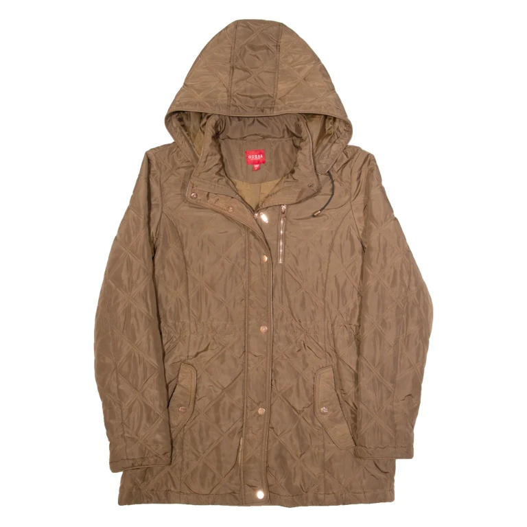 GUESS Womens Quilted Coat Brown Hooded XL