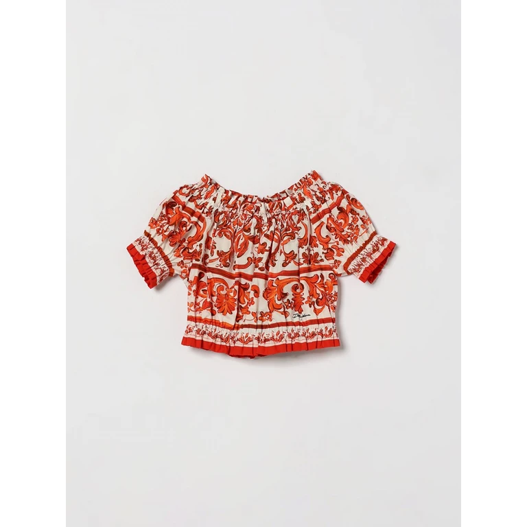 Girl's Majolica-Print Cotton Top with Puff Sleeves (L56S40G7P4JIE5DQ)