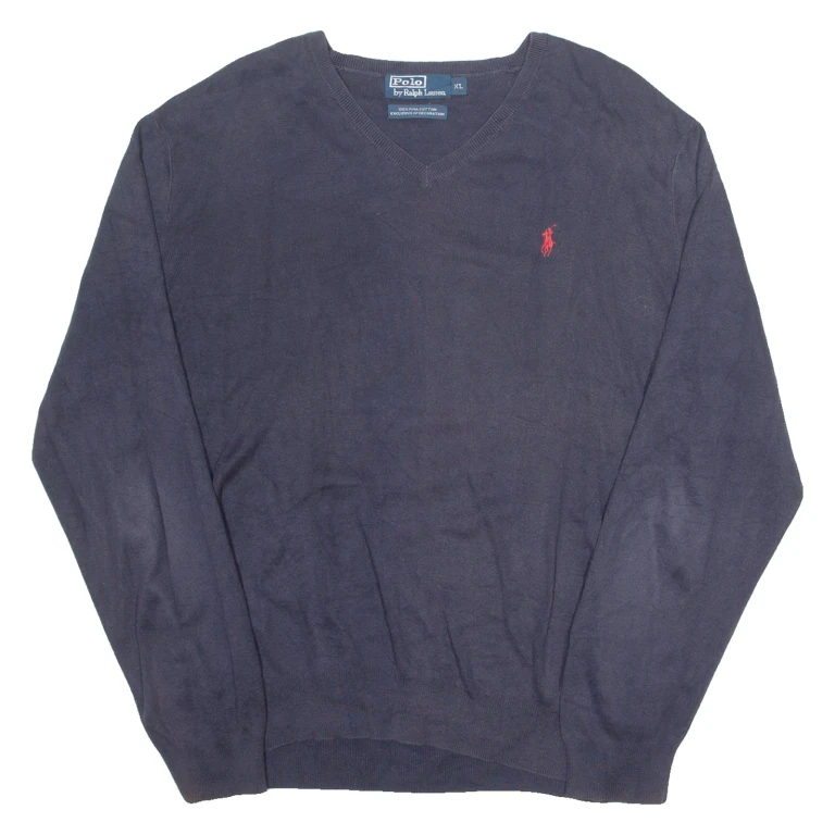 POLO RALPH LAUREN Mens Jumper Blue V-Neck Tight Knit XL