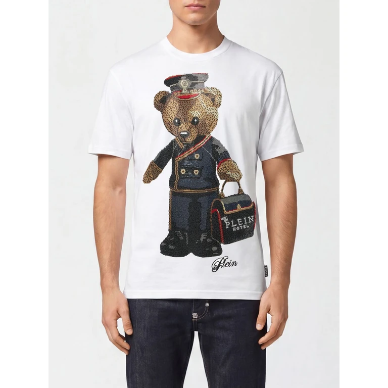 Cotton T-shirt with Teddy Bear Print and Rhinestone Logo (FAECMTK8426PJY002N01)