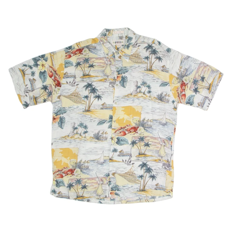 CAMPIA Mens Hawaiian Shirt White Crazy Pattern L