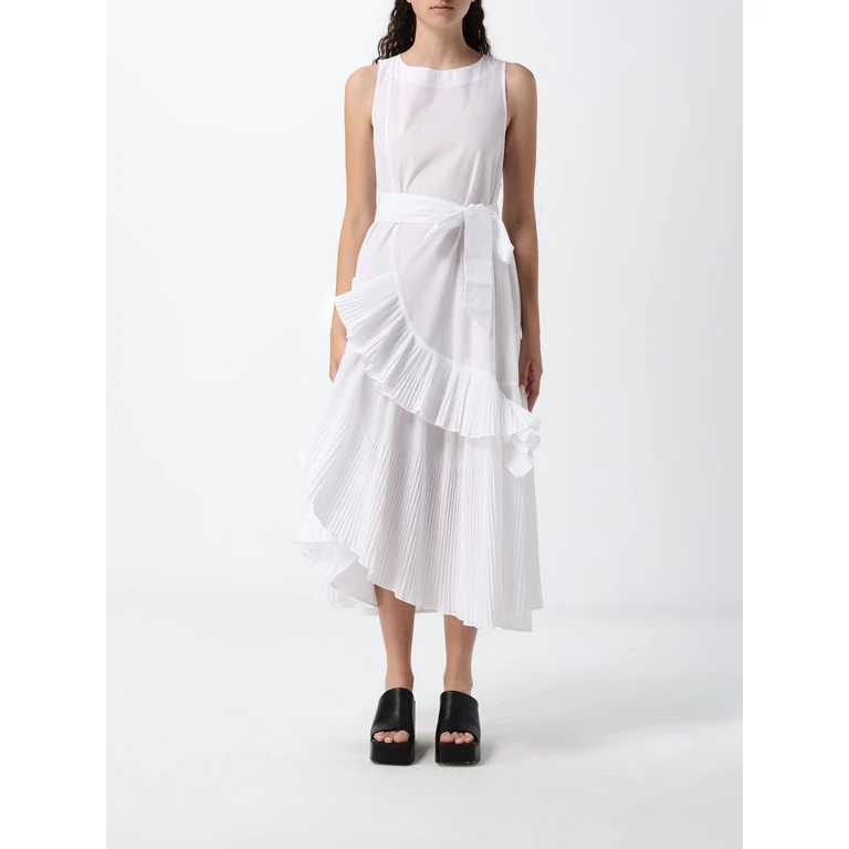 Asymmetrical Off-the-Shoulder Cotton Poplin Midi Dress with Ruffles (M6EL00791)