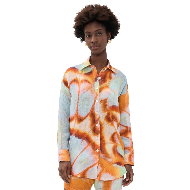 Playa Linen Boyfriend Shirt Malachite Butterfly XS