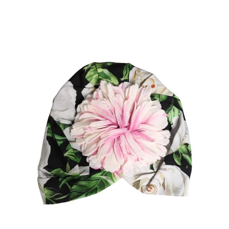Black Floral Motif Turban Headwear Women Hat Elastane Silk - Women