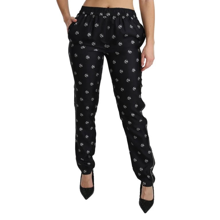 Black Printed Mid Waist Skinny Silk Pants - Women
