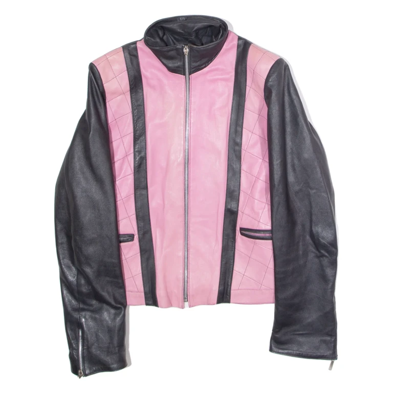 Womens Biker Jacket Pink Faux Leather Colourblock S