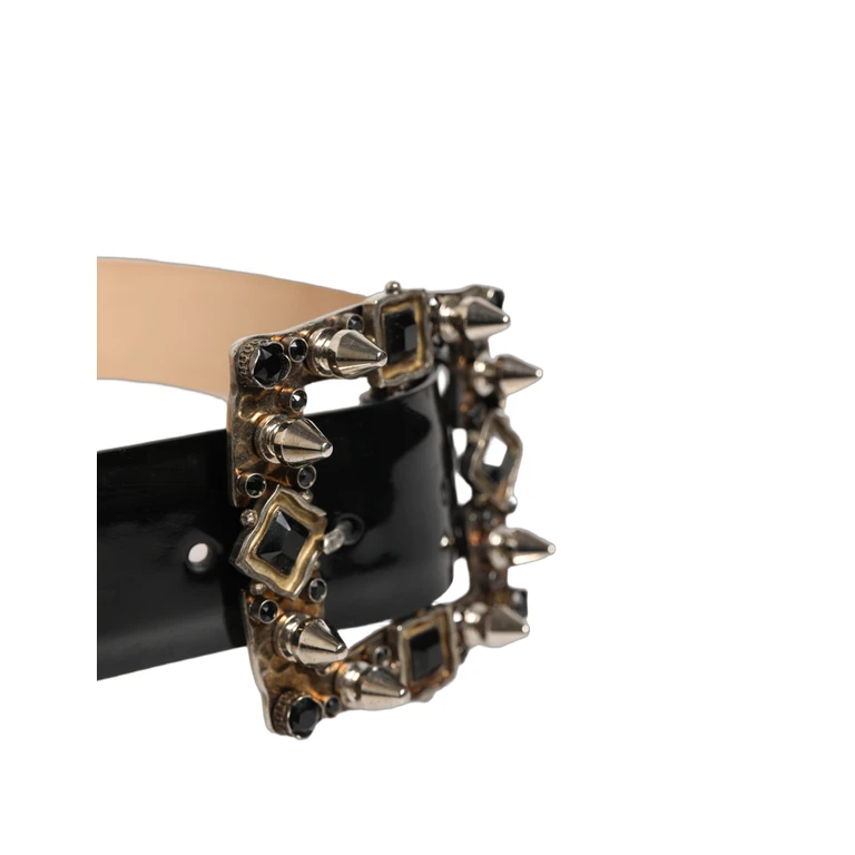 Black Leather Crystal Metal Buckle Belt Gold Calf - Women
