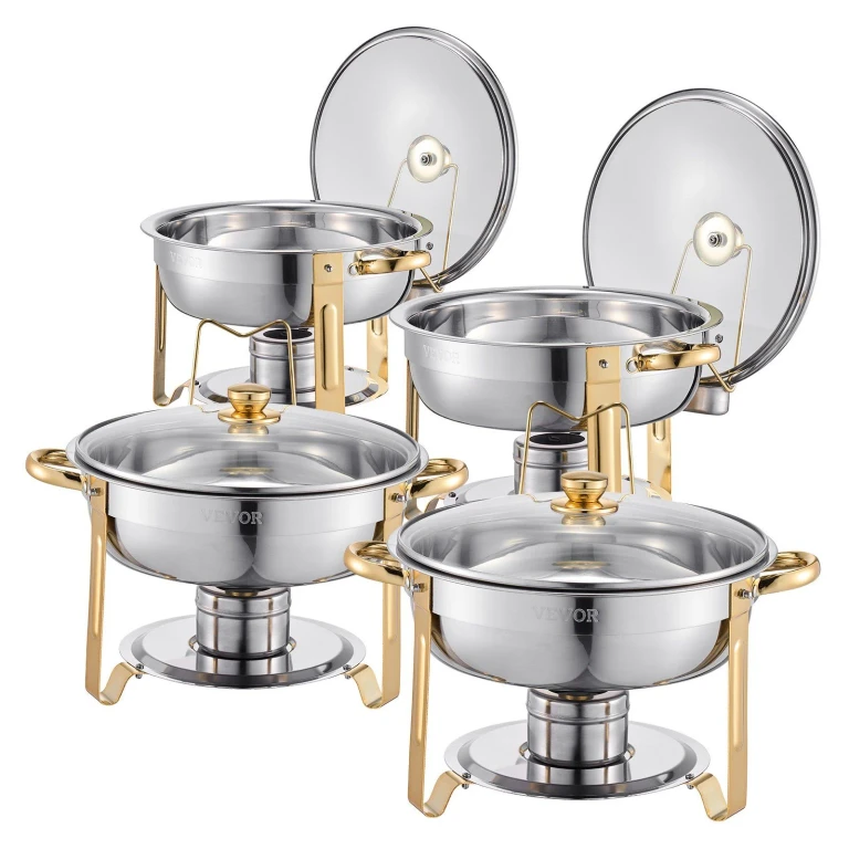 5 Qt 4 Pack Round Chafing Dish Buffet Set Full-Size Pan Stainless Steel Gold - Silver 2