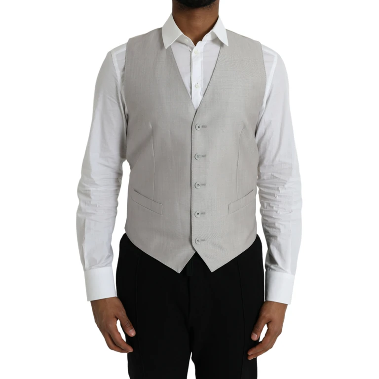 Dolce & Gabbana Light Gray Wool Formal Dress Waistcoat Vest Virgin Silk - Men