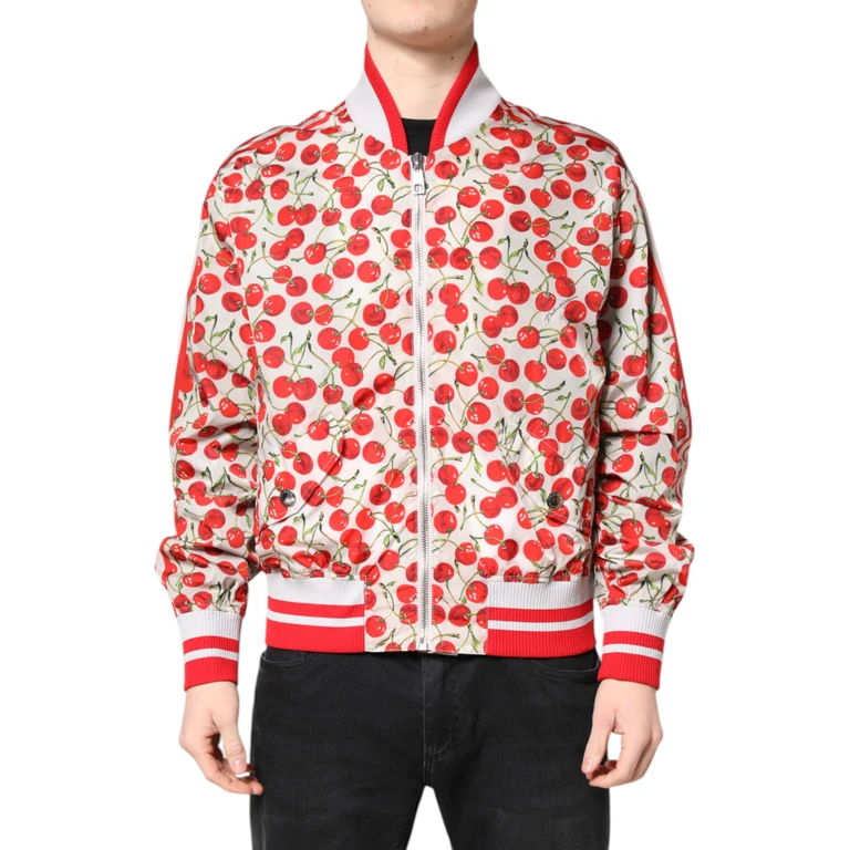 Dolce & Gabbana White Cherry Print Full Zip Bomber Jacket And Red Polyester Clothing - Men
