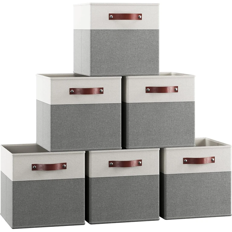 6 Pack Linen Fabric Storage Cube Bin with Faux Leather Handles