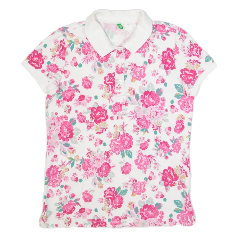 BENETTON Womens Polo Shirt White Floral M