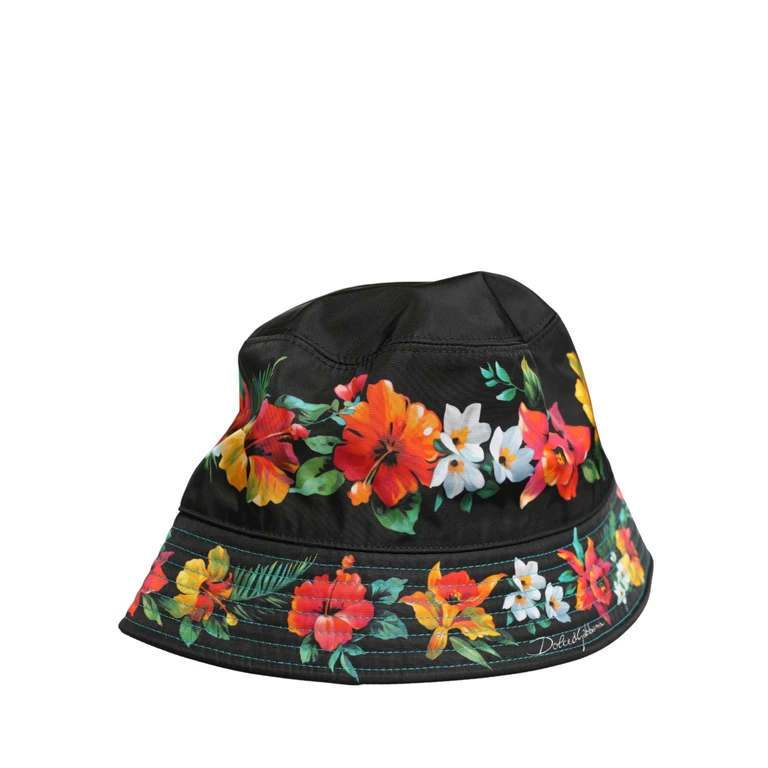 Dolce & Gabbana Men Black Floral Print Nylon Fisherman Cap Hat - Men
