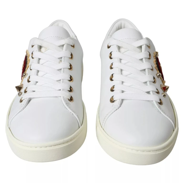 Dolce & Gabbana White Leather Gold Red Heart Sneakers Shoes Calf - Women