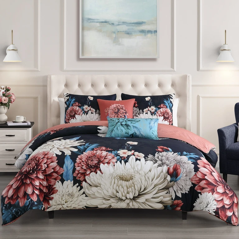 Navy Mums 5 Piece Reversible Comforter Set