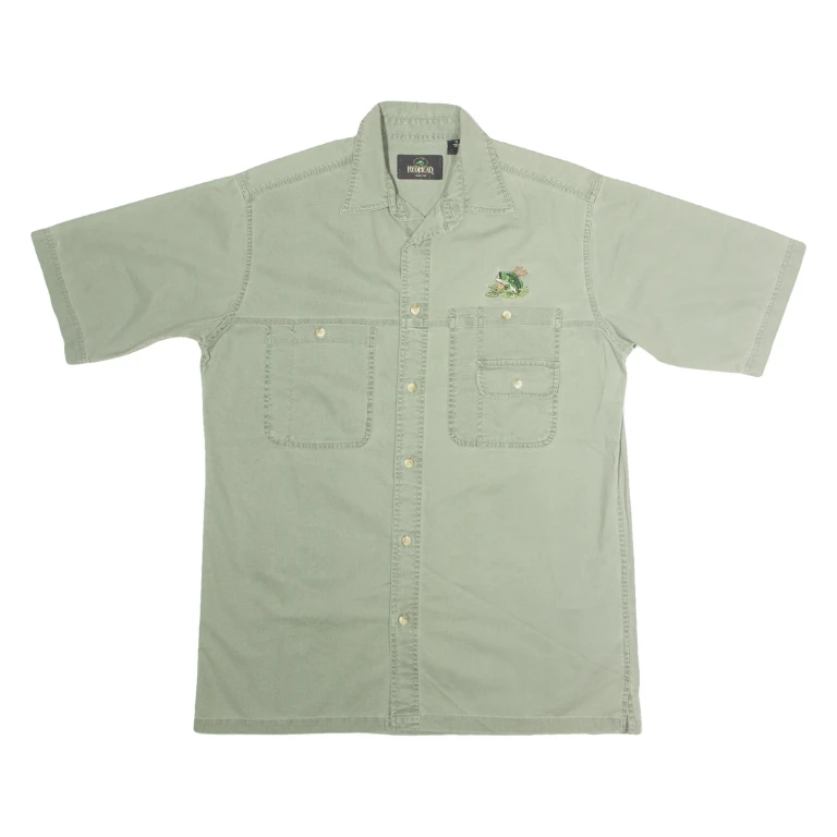 REDHEAD Fish Embroidery Mens Plain Shirt Green 90s M