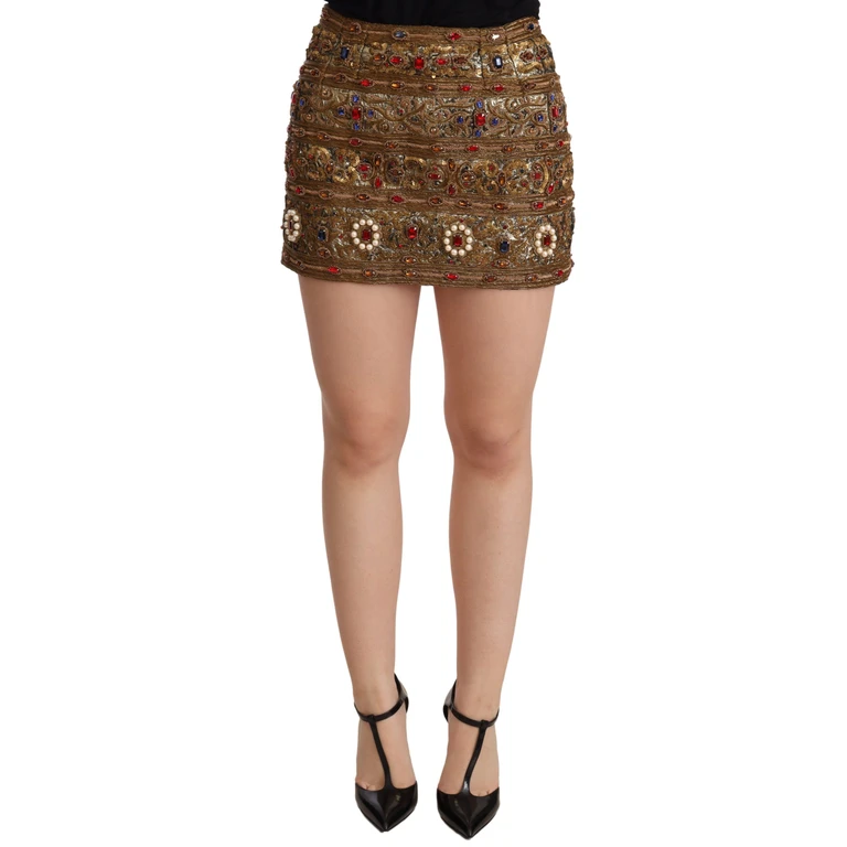 Dolce & Gabbana Gold Crystal Jacquard High Waist Skirt Cotton Polyester Metal Fiber - Women