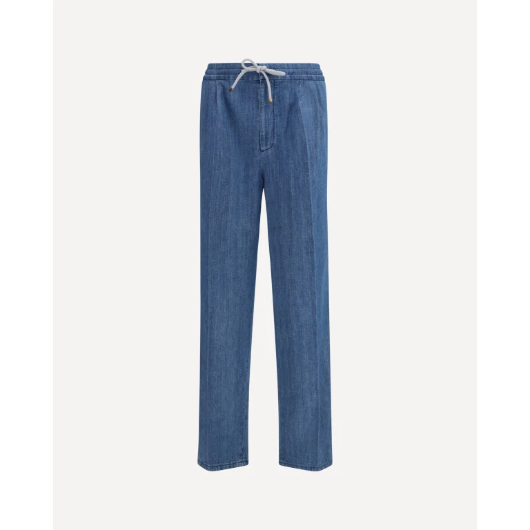 Brunello Cucinelli 라이트웨이트 데님 팬츠 드로스트링 더블 플리츠