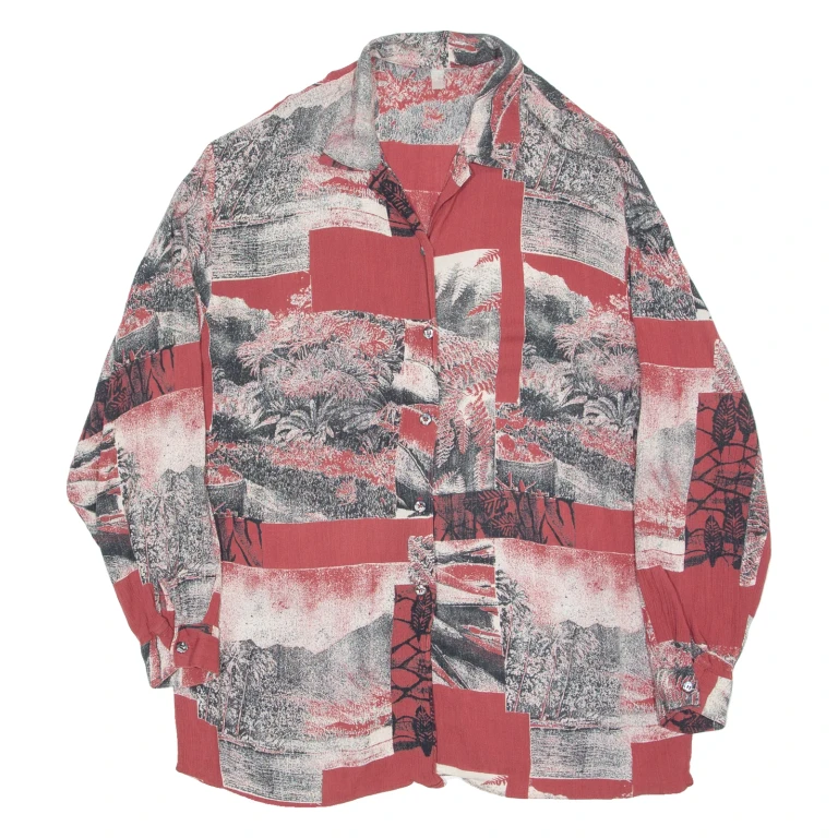 Womens Shirt Maroon 90s Crazy Pattern Long Sleeve L