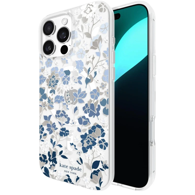 new york iPhone 16 Pro Max Case - Compatible with MagSafe - Designer Phone Case - Flowerbed Blue Gems