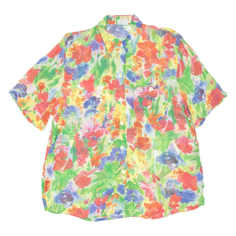 BETTY Sheer Womens Printed Blouse Green Collared Floral L