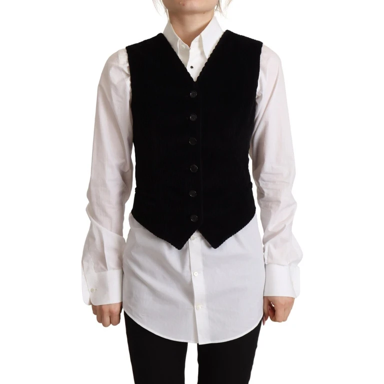 Dolce & Gabbana Black V-Neck Leopard Corduroy Button Vest Top Cotton Polyester Elastane - Women