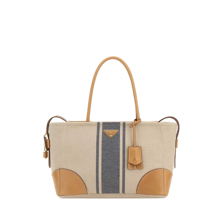 Prada Sand Canvas Large Shopping Bag Naturale+baltico Borse A Mano - Women