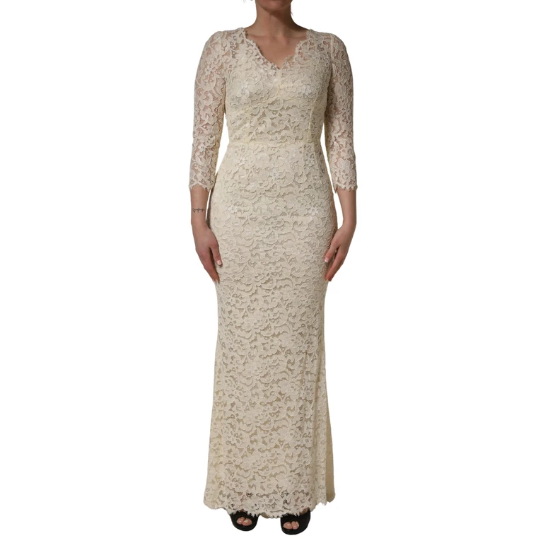 Off White Floral Lace Sheath Maxi Dress Cotton Nylon - Women