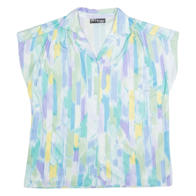 SHE'S A LADY Womens Printed Shirt Blue Collared 90s Crazy Pattern M