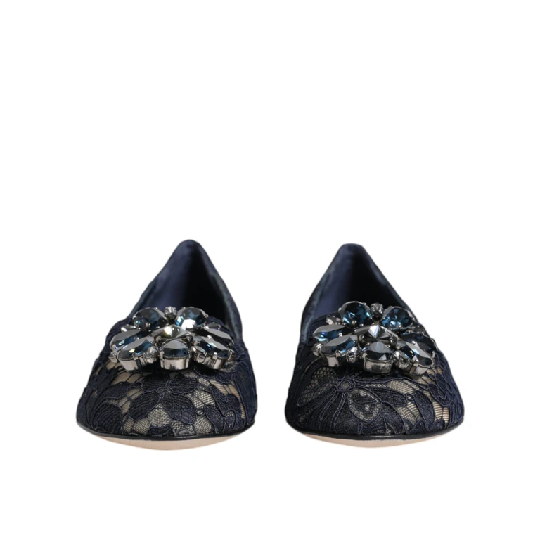 Dolce & Gabbana Blue Taormina Lace Crystals Flats Shoes Viscose Cotton Nylon - Women