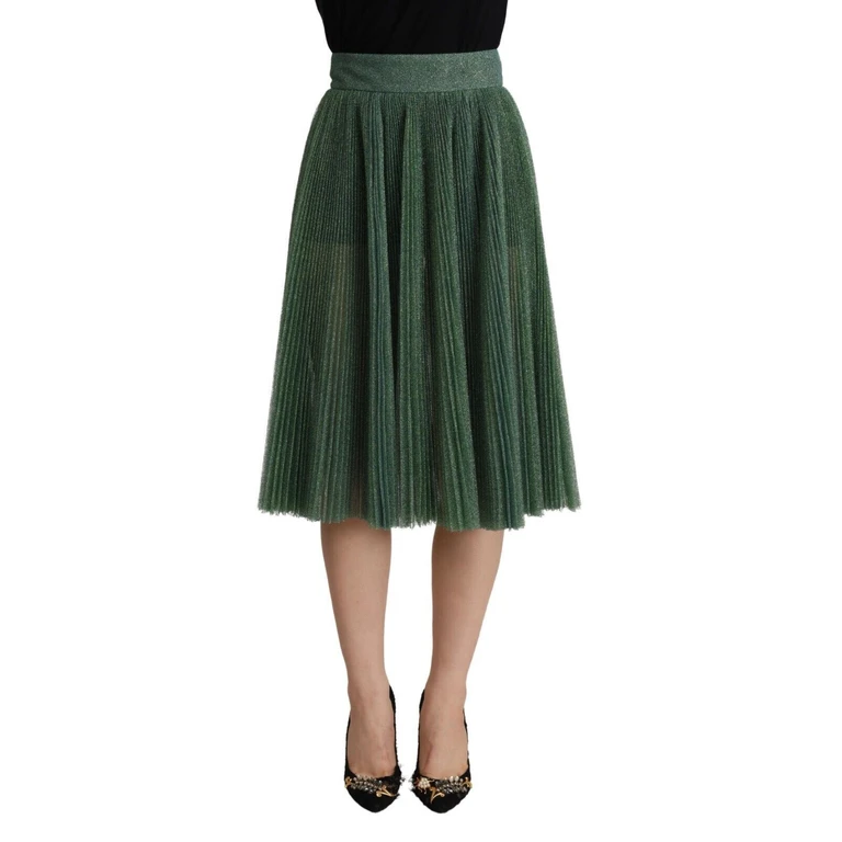 Dolce & Gabbana Metallic Green High Waist A-Line Pleated Skirt Polyester Cotton - Women