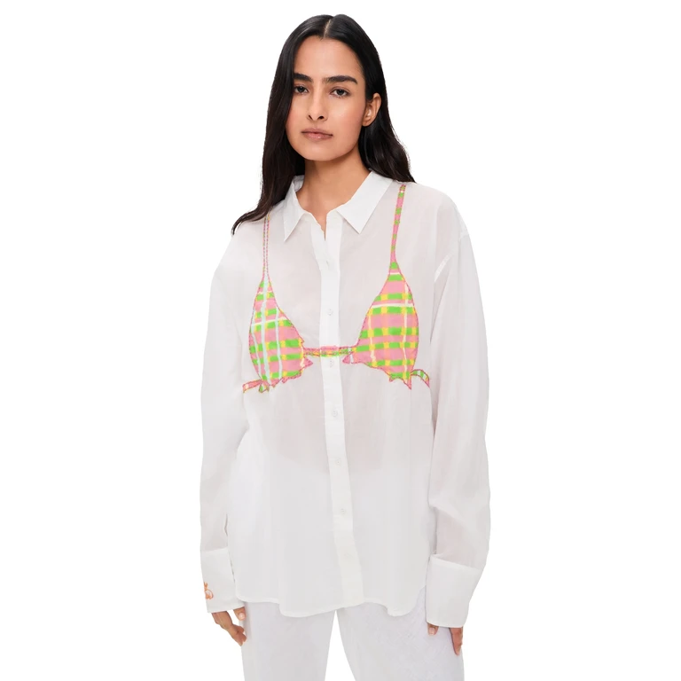 Coniglio Palm Beach Business Casual Button Down Shirt White w/ Palm Deep Periwinkle One Size