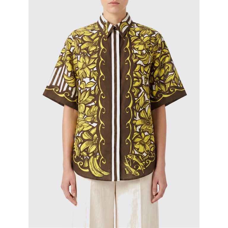 Floral Print Short-Sleeve Hemp Shirt with Logo (7250TYELLOW)